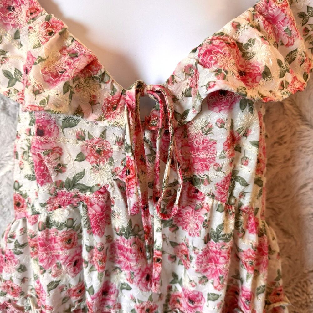 Just Me Dress Size Large Mini Floral Pink Lined Cottagecore Flutter Sleeve - Picture 8 of 16